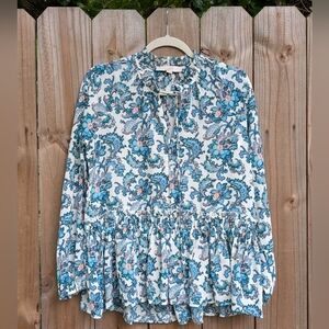 LOFT Blue Cream Paisley Patterned Long Sleeve Tie Neck Blouse